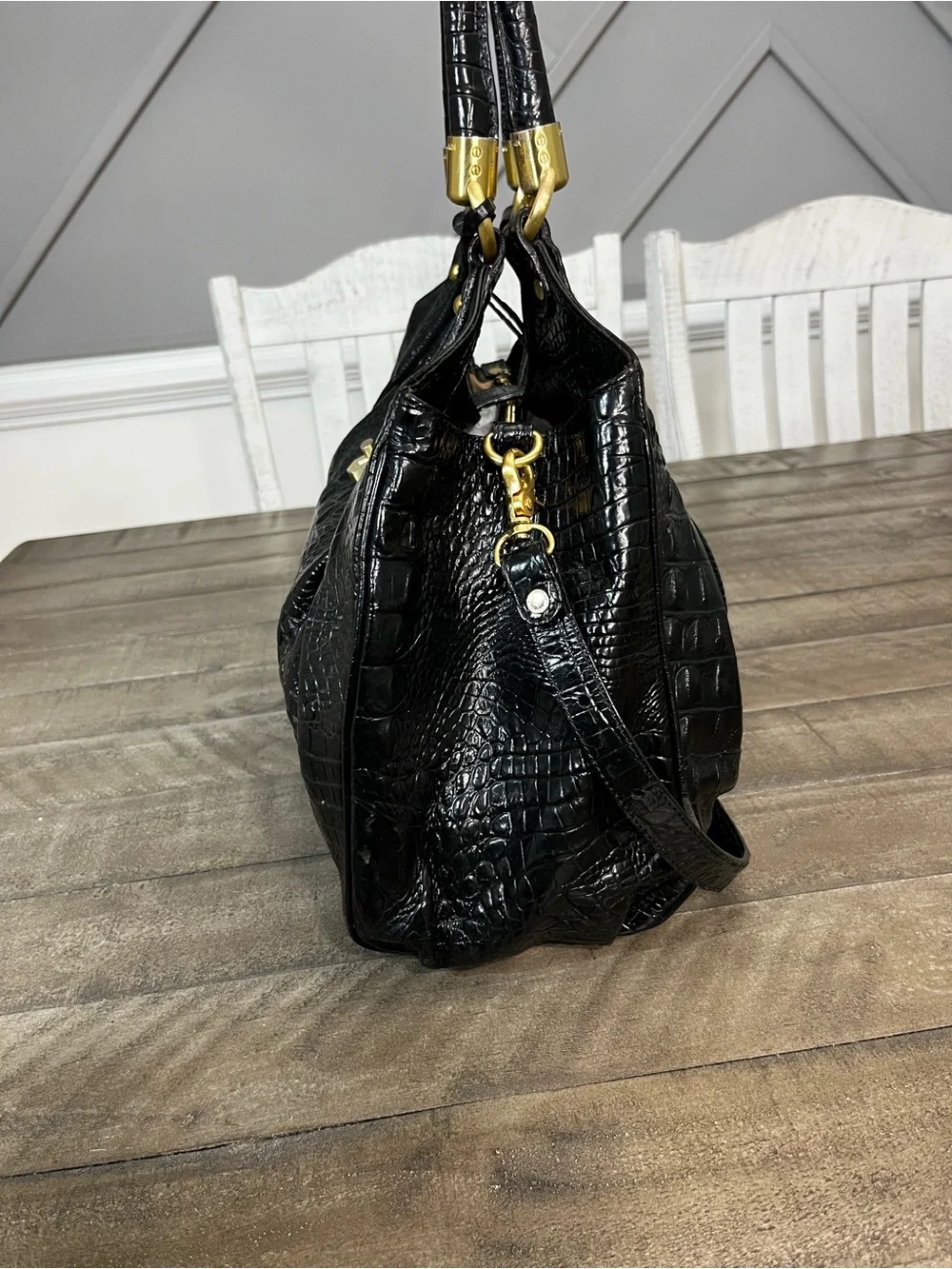 *BRAHMIN* Black Elisa Melbourne Croc-Embossed Leather Satchel Shoulder Bag
